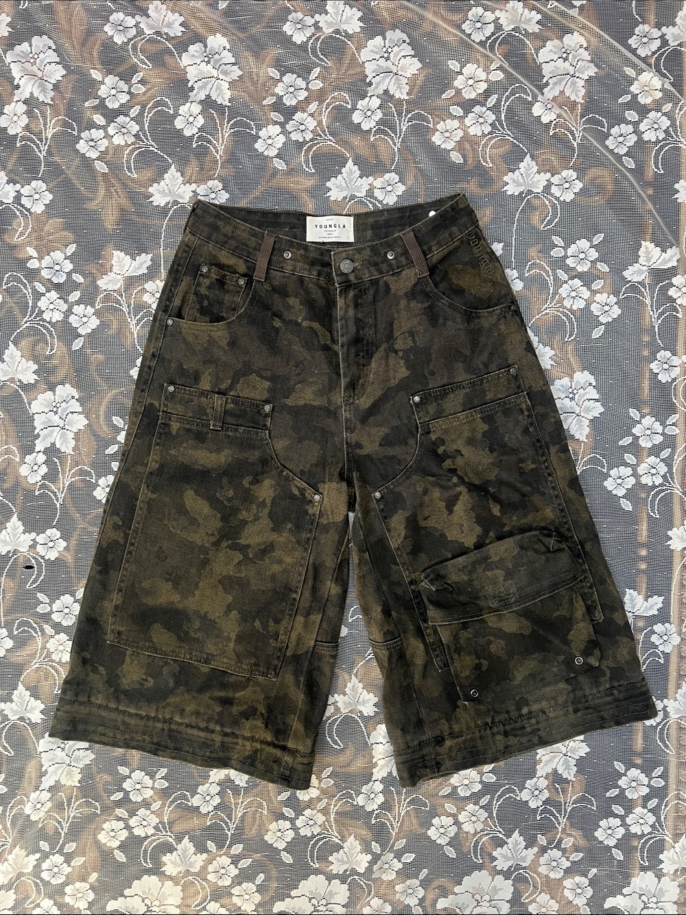YoungLA Olive Green Camouflage Cargo Shorts Size Small Jorts 100% Cotton